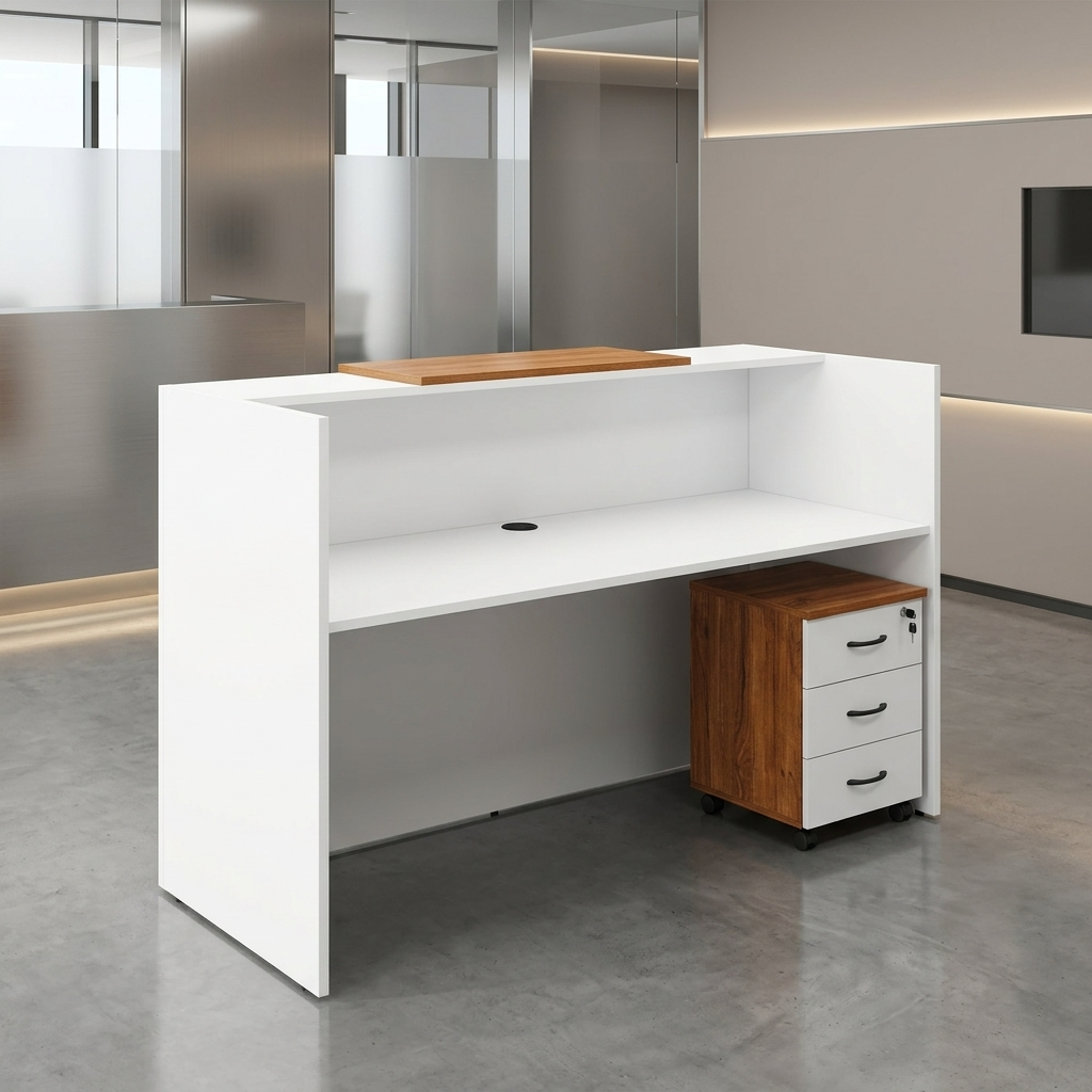 Premium 1.8M Reception Desk With Lockable Drawers featuring a clean white and natural woodgrain finish, a dual-tier transaction counter top with an integrated translucent slatted glass screen, and an inner view showing lockable storage drawers in a corporate lobby.