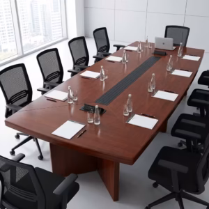 Premium 8-Seater Office Boardroom Table in a dark espresso wood finish with integrated silver cable ports, surrounded by eight ergonomic leather chairs in a corporate room.