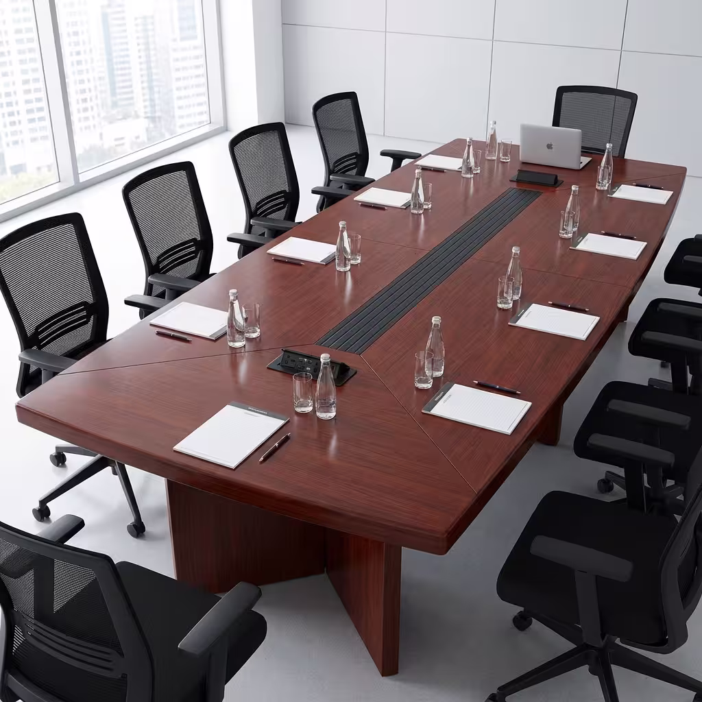 Premium 8-Seater Office Boardroom Table in a dark espresso wood finish with integrated silver cable ports, surrounded by eight ergonomic leather chairs in a corporate room.