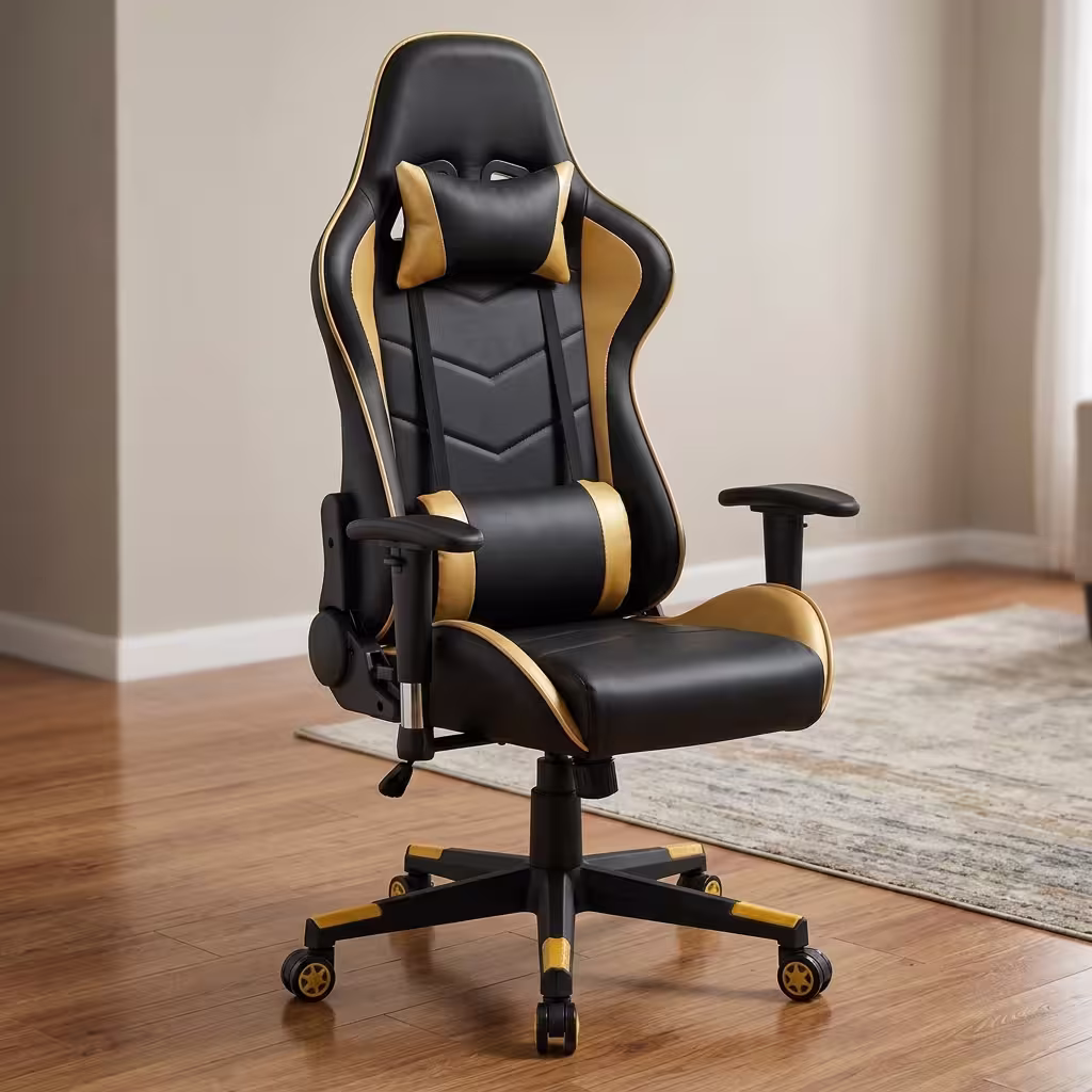 Premium High-Back Gaming Chair With Headrest in a sleek matte black faux leather upholstery, featuring a contoured bucket backrest, an adjustable neck headrest pillow, a matching lower lumbar cushion, rigid armrests, and a heavy-duty black five-star star base with rolling wheels, standing on a polished floor.