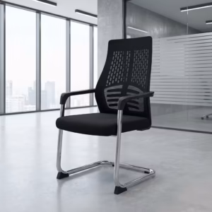 Premium Breathable High-Back Mesh Visitor Chair featuring a black mesh high backrest, integrated lumbar support, a thick fabric upholstered seat cushion, sleek chrome loop armrests with black top caps, and a reflective chrome continuous cantilever sled frame, standing on a polished concrete floor.