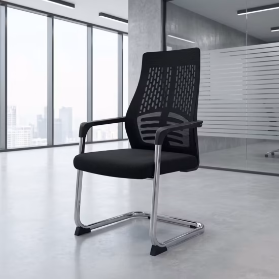 Premium Breathable High-Back Mesh Visitor Chair featuring a black mesh high backrest, integrated lumbar support, a thick fabric upholstered seat cushion, sleek chrome loop armrests with black top caps, and a reflective chrome continuous cantilever sled frame, standing on a polished concrete floor.