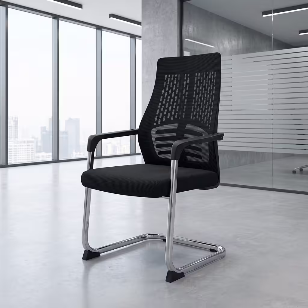 Premium Breathable High-Back Mesh Visitor Chair featuring a black mesh high backrest, integrated lumbar support, a thick fabric upholstered seat cushion, sleek chrome loop armrests with black top caps, and a reflective chrome continuous cantilever sled frame, standing on a polished concrete floor.