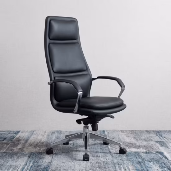 Premium High-Back Amy Executive Office Black Chair featuring a black leather backrest with three distinct horizontal bolster segments, sweeping polished aluminum loop armrests with black top pads, a plush black seat cushion, and a highly reflective polished aluminum five-star star base with rolling wheels, standing on a textured grey area rug.