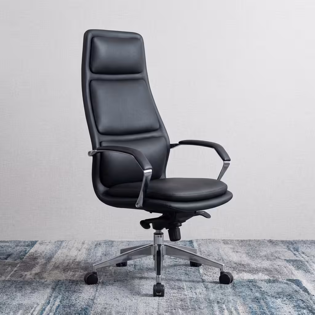 Premium High-Back Amy Executive Office Black Chair featuring a black leather backrest with three distinct horizontal bolster segments, sweeping polished aluminum loop armrests with black top pads, a plush black seat cushion, and a highly reflective polished aluminum five-star star base with rolling wheels, standing on a textured grey area rug.
