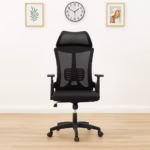 Premium High-Back Executive High Back Office Chair featuring an open-airflow black mesh backrest with a vertical spine support line, a matching wide rectangular adjustable headrest, an integrated multi-slatted horizontal lower lumbar support brace, flat T-shaped armrests, a plush black seat cushion, and a heavy-duty black five-star rolling base with wheels, standing on a light wood floor.