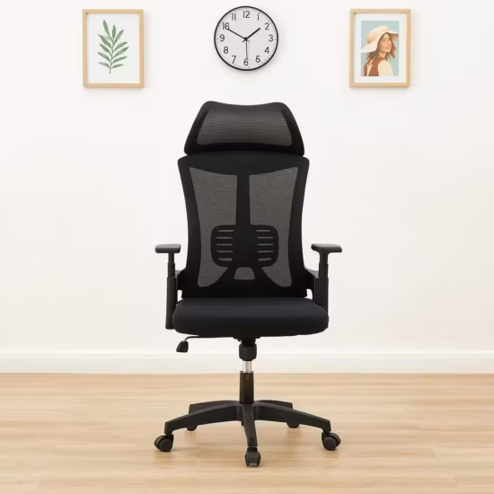 Premium High-Back Executive High Back Office Chair featuring an open-airflow black mesh backrest with a vertical spine support line, a matching wide rectangular adjustable headrest, an integrated multi-slatted horizontal lower lumbar support brace, flat T-shaped armrests, a plush black seat cushion, and a heavy-duty black five-star rolling base with wheels, standing on a light wood floor.