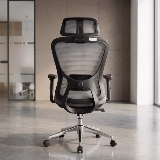 Premium High-Back Grey Mesh Ergonomic Office Chair featuring an open-airflow grey mesh backrest, matching adjustable headrest, flat black T-shaped armrests, a plush grey seat cushion, and a highly reflective polished chrome five-star star base with rolling wheels, standing on a light grey concrete floor.