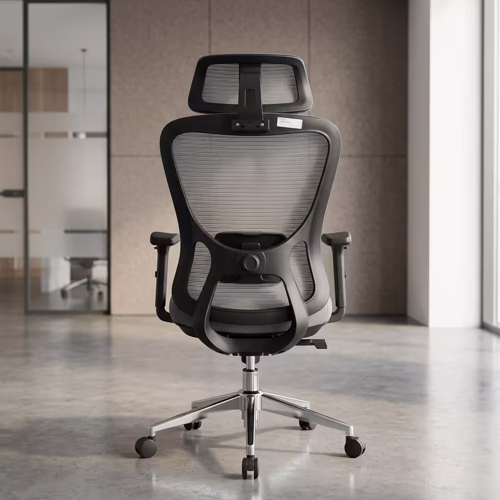Premium High-Back Grey Mesh Ergonomic Office Chair featuring an open-airflow grey mesh backrest, matching adjustable headrest, flat black T-shaped armrests, a plush grey seat cushion, and a highly reflective polished chrome five-star star base with rolling wheels, standing on a light grey concrete floor.