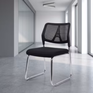 Premium Armless Guest Office Chair featuring a black mesh mid-backrest, a thick fabric upholstered seat cushion, an armless low-profile silhouette, and a continuous matte black steel cantilever sled frame, standing on a polished concrete floor.