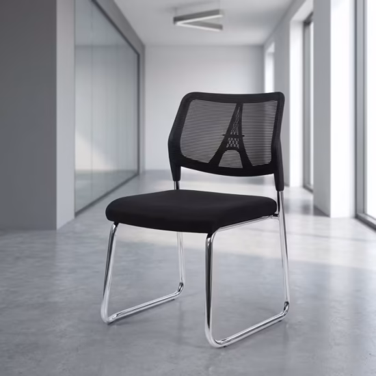 Premium Armless Guest Office Chair featuring a black mesh mid-backrest, a thick fabric upholstered seat cushion, an armless low-profile silhouette, and a continuous matte black steel cantilever sled frame, standing on a polished concrete floor.