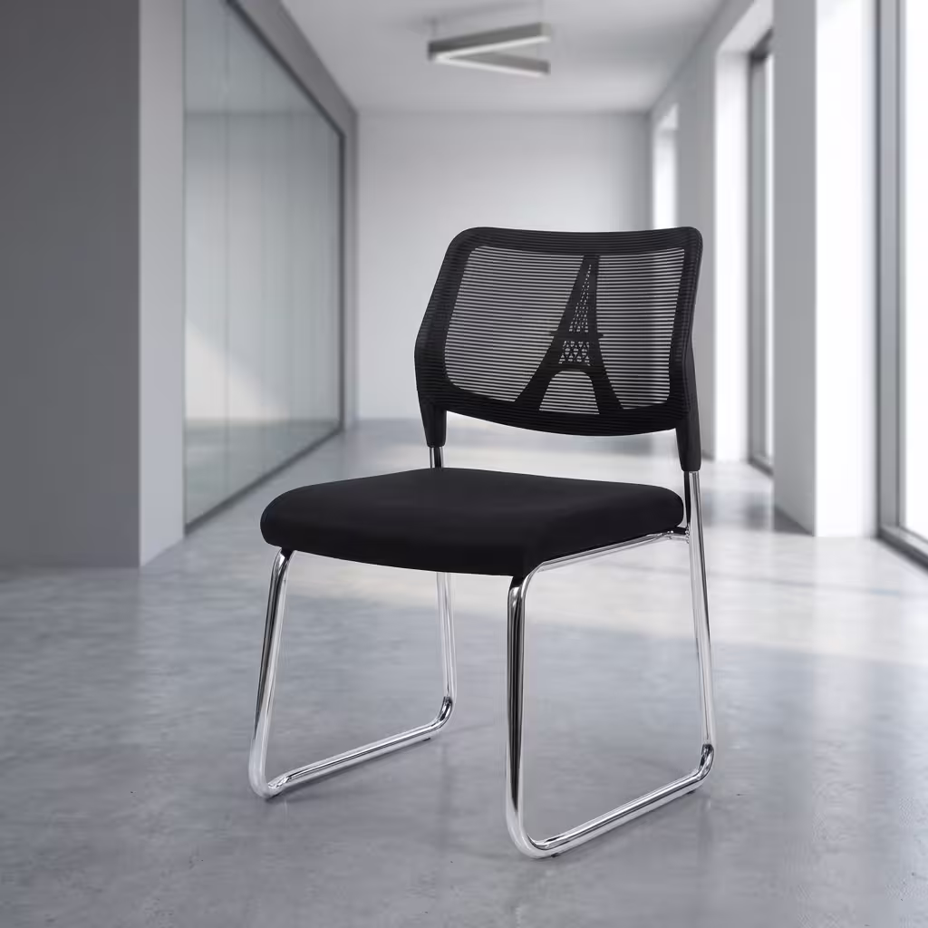 Premium Armless Guest Office Chair featuring a black mesh mid-backrest, a thick fabric upholstered seat cushion, an armless low-profile silhouette, and a continuous matte black steel cantilever sled frame, standing on a polished concrete floor.