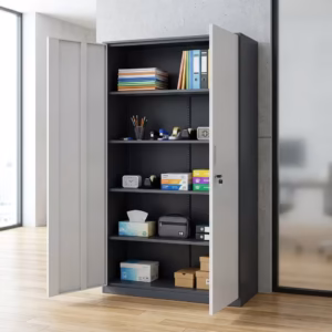 Premium 2-Door Metallic Office Storage Cabinet in a professional light gray powder-coated steel finish, showing both vertical swing doors closed and secured by a centered silver key lock cylinder, standing on large gray floor tiles in a modern corporate office layout.