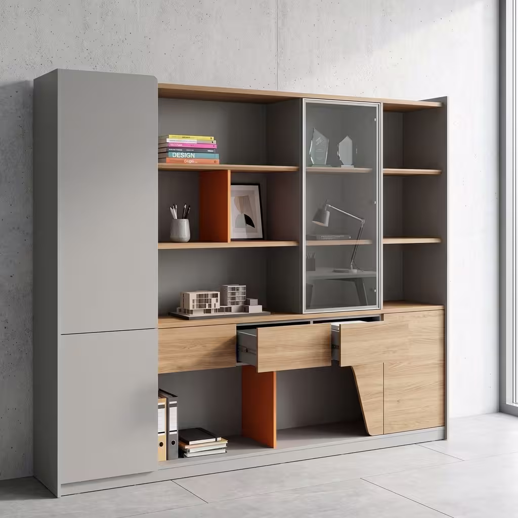 Premium Executive Wooden Office Cabinet With Mirror in a dual-tone matte grey and natural oak woodgrain finish, showcasing a tall left-side wardrobe pillar, open book shelves accented with a burnt-orange panel, a central aluminum-framed tempered glass cabinet case, open center utility drawers, and lower wood-grain cupboards standing on grey tile flooring against a concrete wall.
