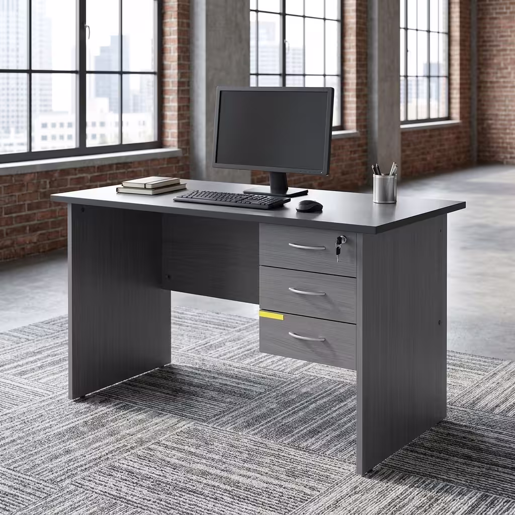 Premium 1.4M Economic Home/Office Study Desk in a dark charcoal grey finish, showcasing a flat rectangular tabletop supporting an open laptop, a cup filled with writing utensils, a mug, and a modern desk lamp on stacked books, with an integrated light grey 3-drawer storage pedestal showing a key lock, resting on a textured grey carpet in front of large windows.