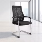Premium Breathable High-Back Mesh Visitor Chair featuring a black mesh high backrest, integrated lumbar support, a thick fabric upholstered seat cushion, sleek chrome loop armrests with black top caps, and a reflective chrome continuous cantilever sled frame, standing on a polished concrete floor.