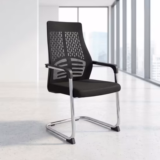 Premium Breathable High-Back Mesh Visitor Chair featuring a black mesh high backrest, integrated lumbar support, a thick fabric upholstered seat cushion, sleek chrome loop armrests with black top caps, and a reflective chrome continuous cantilever sled frame, standing on a polished concrete floor.