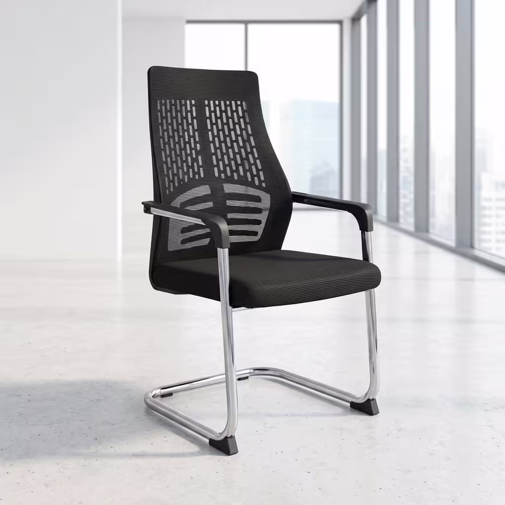 Premium Breathable High-Back Mesh Visitor Chair featuring a black mesh high backrest, integrated lumbar support, a thick fabric upholstered seat cushion, sleek chrome loop armrests with black top caps, and a reflective chrome continuous cantilever sled frame, standing on a polished concrete floor.