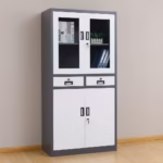 Premium Half Glass Metallic Office Cabinet in a dual-tone charcoal grey and white powder-coated steel finish, showing upper tempered glass doors displaying books, two independent center drawers with key locks.