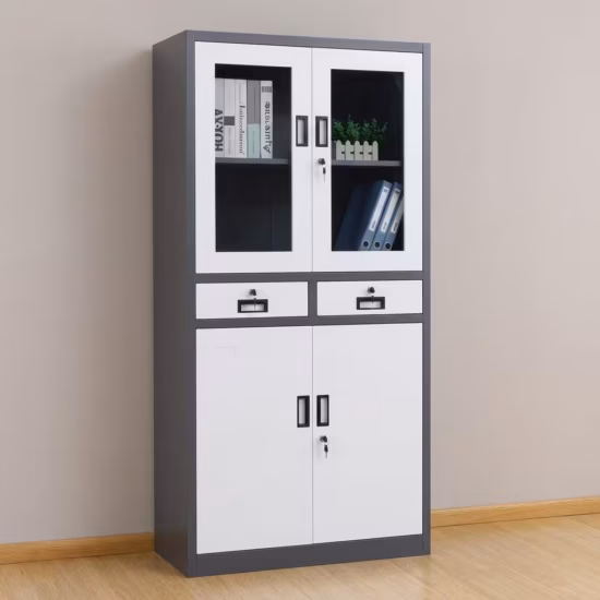 Premium Half Glass Metallic Office Cabinet in a dual-tone charcoal grey and white powder-coated steel finish, showing upper tempered glass doors displaying books, two independent center drawers with key locks.