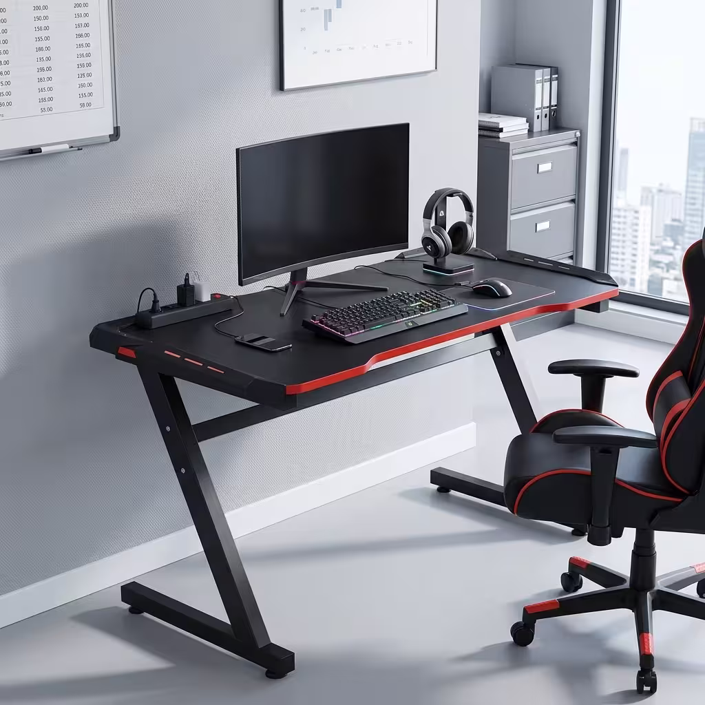 Premium Gaming Desk With Led Light in a sleek matte black carbon fiber texture, showcasing a stable Z-shaped black metal frame, an expansive desktop holding a widescreen curved monitor, mechanical gaming keyboard, mouse, and a beige mug, standing on a polished concrete floor.