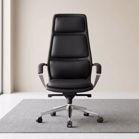 Premium High-Back Amy Executive Office Black Chair featuring a black leather backrest with three distinct horizontal bolster segments, sweeping polished aluminum loop armrests with black top pads, a plush black seat cushion, and a highly reflective polished aluminum five-star star base with rolling wheels, standing on a textured grey area rug.