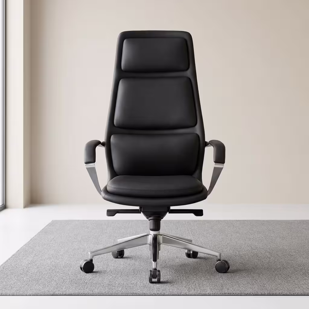 Premium High-Back Amy Executive Office Black Chair featuring a black leather backrest with three distinct horizontal bolster segments, sweeping polished aluminum loop armrests with black top pads, a plush black seat cushion, and a highly reflective polished aluminum five-star star base with rolling wheels, standing on a textured grey area rug.