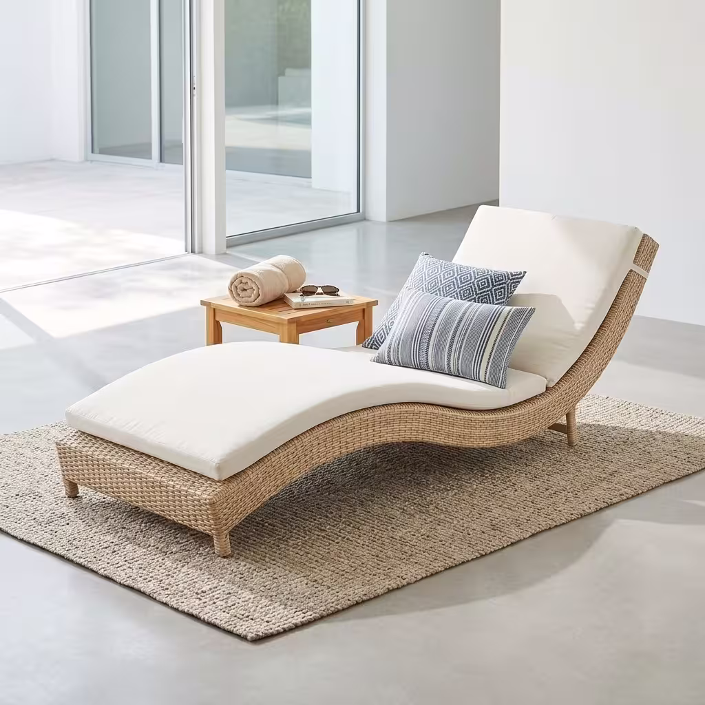 Outdoor Rattan Sun Lounger Premium Outdoor Rattan Sun Lounger featuring an ergonomically curved hand-woven natural-tone wicker frame, a plush off-white water-resistant full-length cushion, styled with two blue accent pillows, resting on a textured woven jute rug near a small wooden side table.
