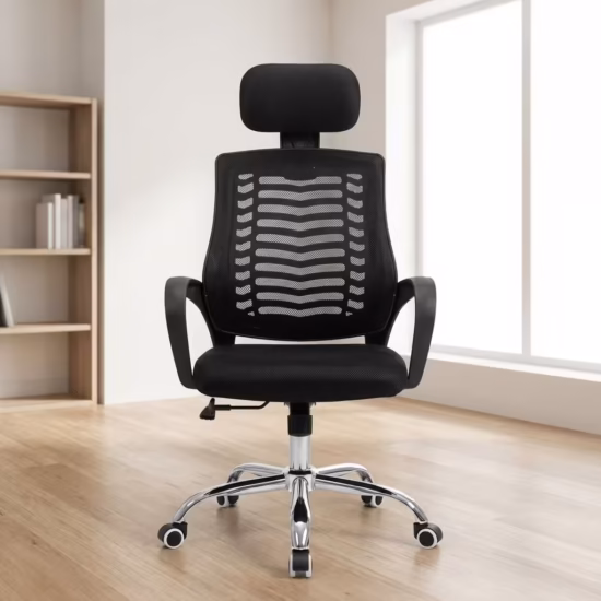 Premium High-Back Ergonomic Headrest Mesh Office Chair featuring a black mesh backrest with distinct horizontal structural rib patterns, a matching wide black padded headrest, curved black armrests, a plush black seat cushion, and a highly reflective polished chrome five-star star base with rolling wheels, standing on a light wood floor.