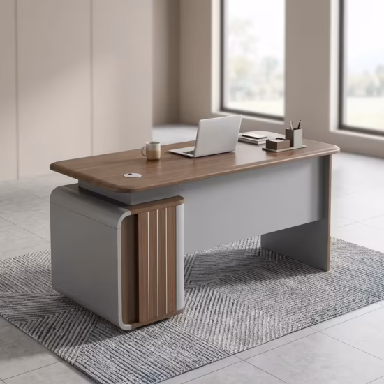Premium 1.4M Modern Office Desk in a dark walnut woodgrain finish, featuring a built-in brown leather desk blotter mat supporting a closed tablet, a desktop holding a classic table lamp, a pen holder set, and stacked notebooks, with an integrated matte grey and wood side return storage console showing a key lock, resting on a textured striped grey area rug.