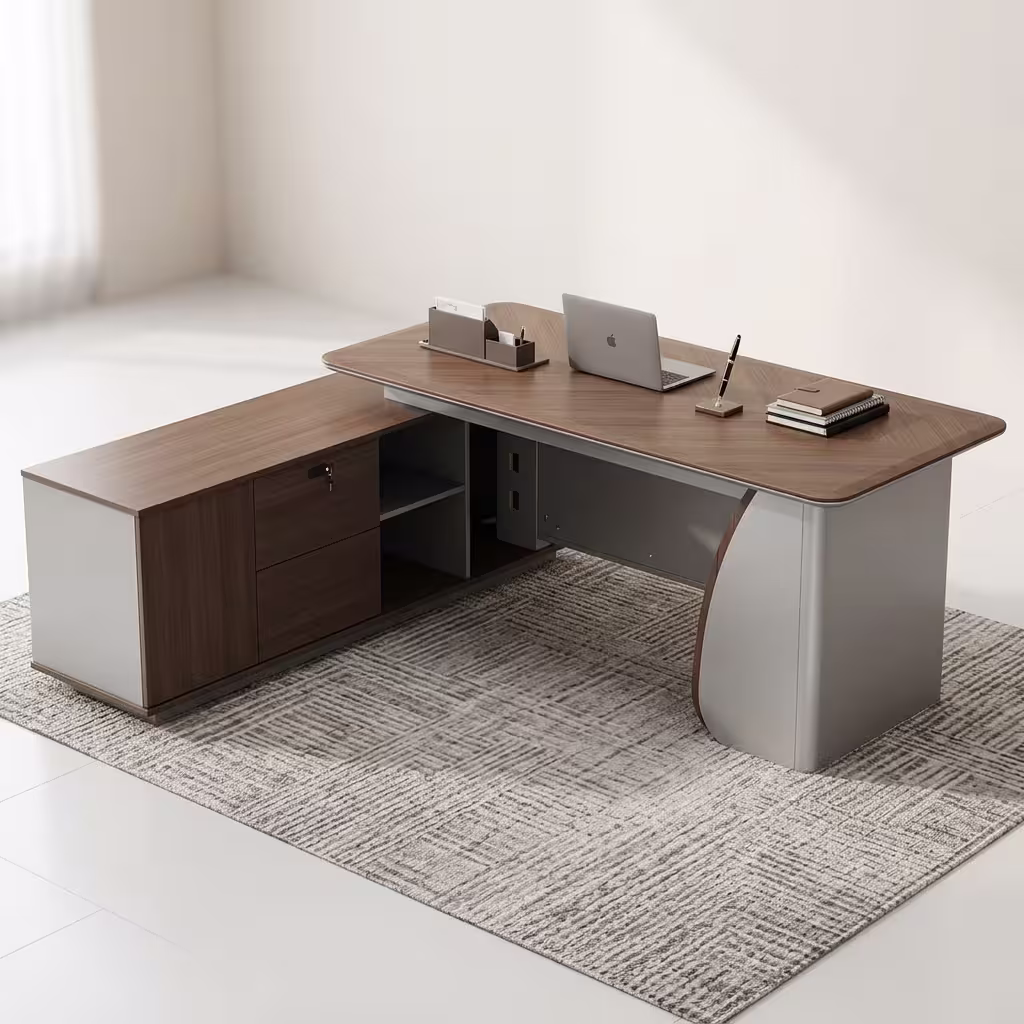 Premium 1.8M Executive Director's Office Desk in a dark charcoal-brown woodgrain finish, featuring a vertical matte grey fluted slatted front modesty panel, an integrated left-side return storage console, a right-side drawer block pedestal, a desktop supporting an open silver laptop, a leather notebook, and a ceramic mug, resting on a textured striped grey area rug.