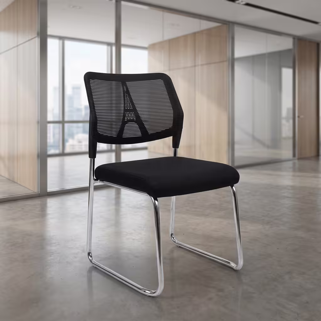 Premium Armless Guest Office Chair featuring a black mesh mid-backrest, a thick fabric upholstered seat cushion, an armless low-profile silhouette, and a continuous matte black steel cantilever sled frame, standing on a polished concrete floor.