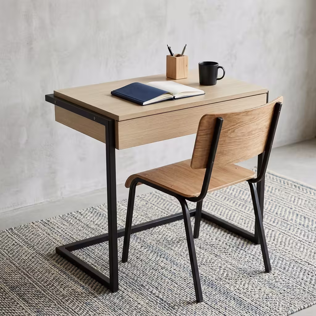 Premium Modern Student Locker Desk in a natural light oak and matte black finish, showcasing a compact rectangular top panel holding a silver keyboard, mouse, leather notebook, ceramic mug, and a sleek silver table lamp, supported by a continuous black metal sled frame base, paired with a matching oak and black metal chair on a thick woven sisal area rug.