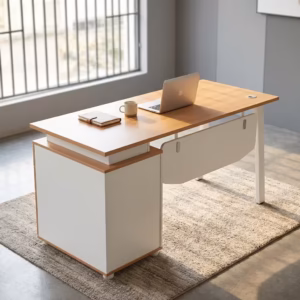 Premium 1.4M Executive Desk With 3-Drawer Storage in a dark walnut woodgrain finish, showcasing a flat rectangular tabletop supporting an open laptop, a pen holder set, and stacked books, with an integrated side storage pedestal showing a key lock and silver bar handles, standing on a polished concrete floor.