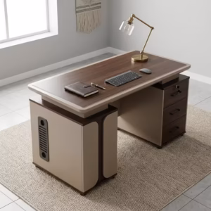 Premium 1.2M Modern Wooden Office Desk featuring a rich walnut woodgrain top panel, an integrated matte charcoal gray 3-drawer storage pedestal on the left with silver handles and gold trim, an open laptop, mouse pad, and notebooks on top, resting on a textured geometric cream area rug over a polished concrete floor.