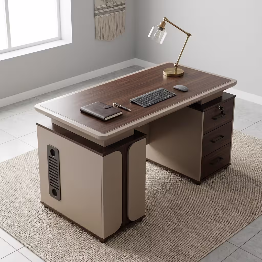 Premium 1.2M Modern Wooden Office Desk featuring a rich walnut woodgrain top panel, an integrated matte charcoal gray 3-drawer storage pedestal on the left with silver handles and gold trim, an open laptop, mouse pad, and notebooks on top, resting on a textured geometric cream area rug over a polished concrete floor.
