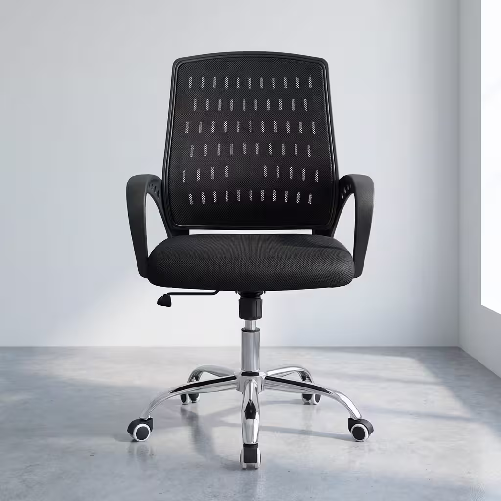 Premium Mid-Back Secretarial Office Chair in a sleek black finish, showcasing a breathable mesh mid-backrest with vertical dashed patterns, curved black loop armrests, a thick textured seat cushion, and a highly reflective polished chrome five-star base with rolling caster wheels, standing on a smooth polished concrete floor.