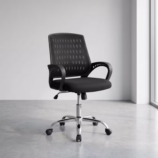 Premium Mid-Back Secretarial Office Chair in a sleek black finish, showcasing a breathable mesh mid-backrest with vertical dashed patterns, curved black loop armrests, a thick textured seat cushion, and a highly reflective polished chrome five-star base with rolling caster wheels, standing on a smooth polished concrete floor.