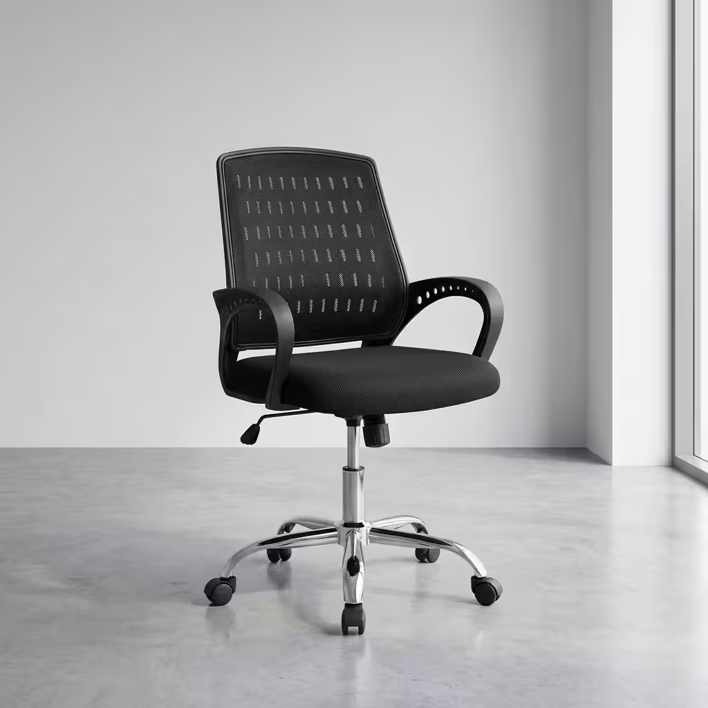 Premium Mid-Back Secretarial Office Chair in a sleek black finish, showcasing a breathable mesh mid-backrest with vertical dashed patterns, curved black loop armrests, a thick textured seat cushion, and a highly reflective polished chrome five-star base with rolling caster wheels, standing on a smooth polished concrete floor.