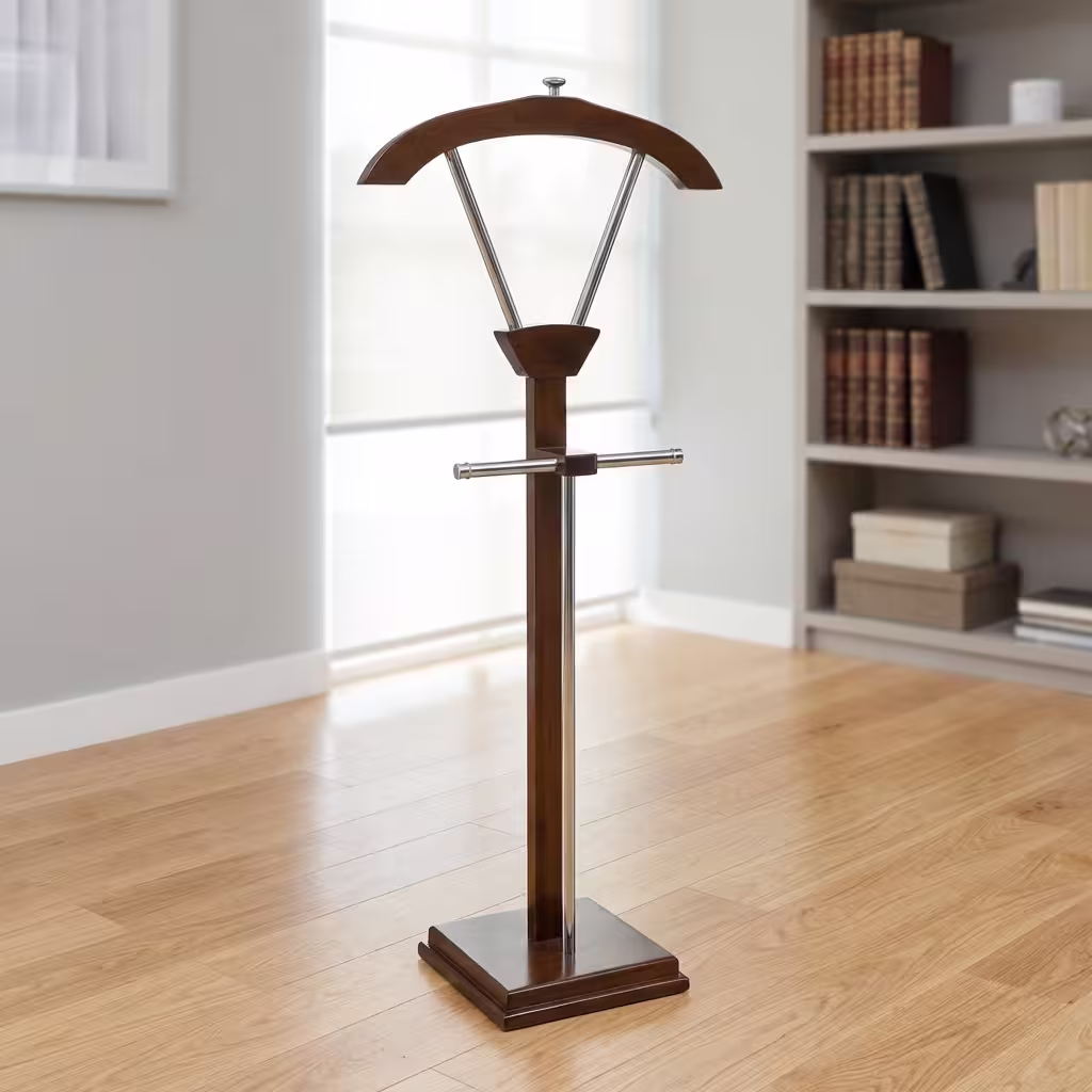 Executive Office Coat Hanger Stand Premium Executive Office Coat Hanger Stand in a dual-tone rich walnut woodgrain and polished chrome finish, showcasing a wide arched top wooden jacket hanger supported by a V-shaped chrome bracket, a horizontal chrome trousers bar, a dual-pillar vertical spine, and a sturdy square beveled base pedestal, standing on polished hardwood flooring in an office corner by a window.