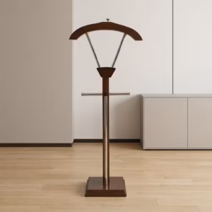 Premium Executive Office Coat Hanger Stand in a dual-tone rich walnut woodgrain and polished chrome finish, showcasing a wide arched top wooden jacket hanger supported by a V-shaped chrome bracket, a horizontal chrome trousers bar, a dual-pillar vertical spine, and a sturdy square beveled base pedestal, standing on polished hardwood flooring in an office corner by a window.