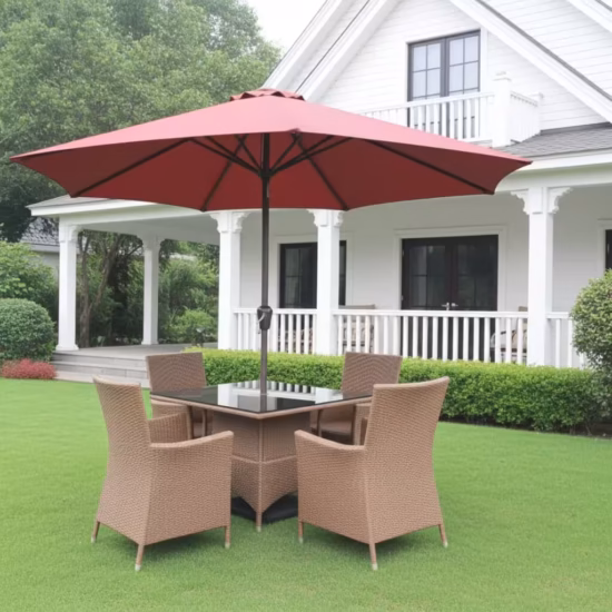 Buy the heavy-duty 4-Seater Outdoor Set With Patio Umbrella. Features four hand-woven tan synthetic wicker armchairs, a square black glass dining table, and a crimson red crank-lift sun umbrella.