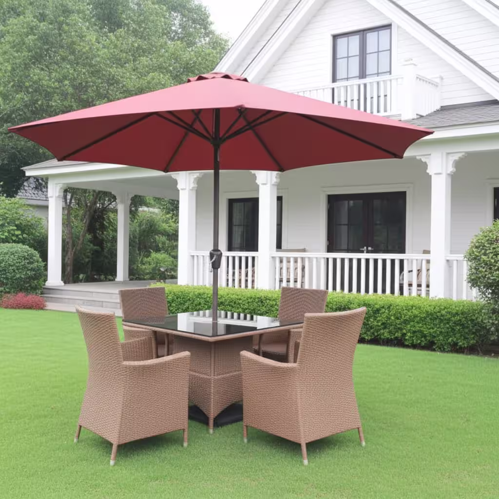 Buy the heavy-duty 4-Seater Outdoor Set With Patio Umbrella. Features four hand-woven tan synthetic wicker armchairs, a square black glass dining table, and a crimson red crank-lift sun umbrella.