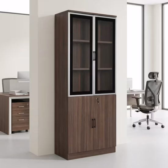 Premium 2-Door Half-Glass Office Cabinet in a walnut woodgrain finish, showcasing an upper section with two silver aluminum-framed tempered glass doors and internal wooden shelves, a lower section with twin woodgrain doors secured by a cylinder key lock, standing on a smooth white floor inside a modern corporate office.