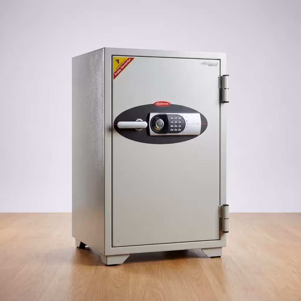 Premium 122Kg Diplomat Fireproof Safe in a durable textured off-white powder-coated steel finish, showing a thick front door fitted with a horizontal silver pull-handle, a black-paneled digital electronic keypad, a manual key override slot, and visible heavy-duty side hinges, standing flat on smooth polished hardwood laminate flooring against an off-white studio background.