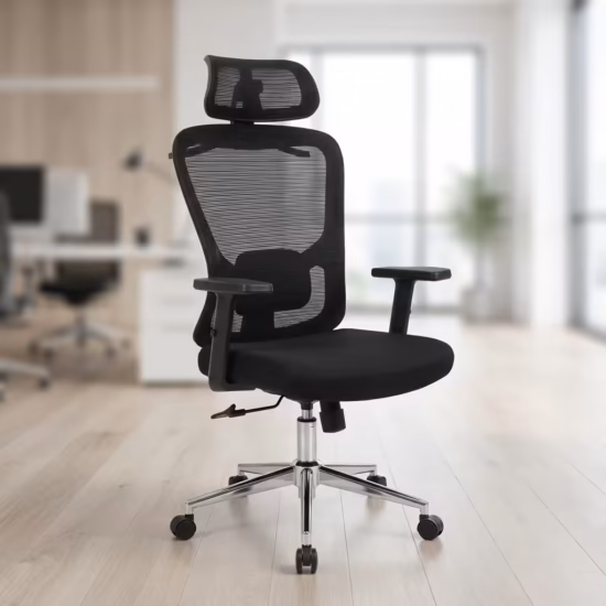 Premium High-Back Ergonomic Office Chair With Lumbar Support featuring a black mesh backrest, a matching rectangular adjustable headrest, built-in horizontal lumbar cushion support, flat T-shaped armrests, a plush black seat cushion, and a highly reflective polished chrome five-star base with rolling wheels, standing on a polished light wood floor.