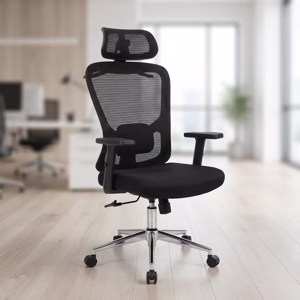Premium High-Back Ergonomic Office Chair With Lumbar Support featuring a black mesh backrest, a matching rectangular adjustable headrest, built-in horizontal lumbar cushion support, flat T-shaped armrests, a plush black seat cushion, and a highly reflective polished chrome five-star base with rolling wheels, standing on a polished light wood floor.