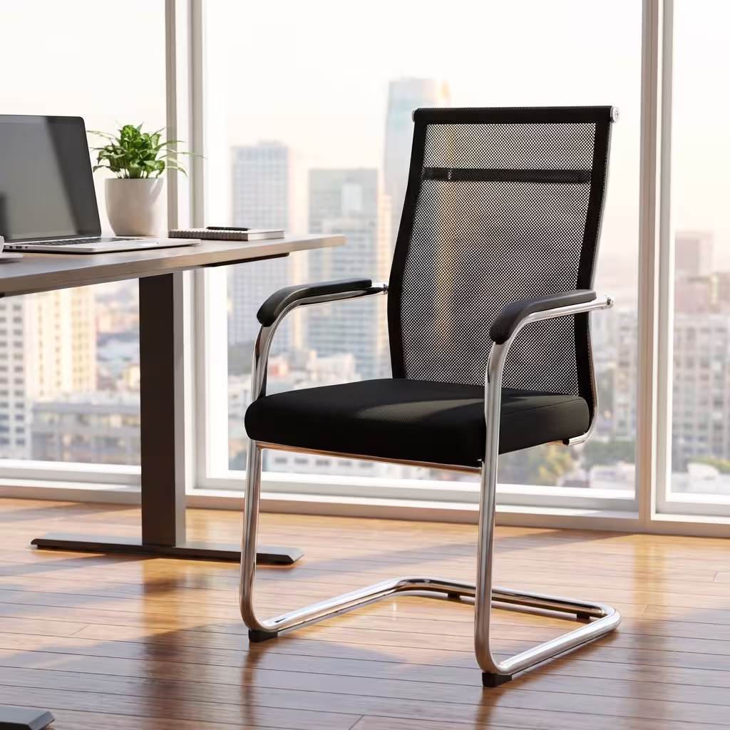 Premium Cantilever Mesh Office Visitor Seat featuring an open-airflow black mesh backrest, integrated chrome armrests with black top pads, a plush black fabric seat cushion, and a highly reflective continuous chrome steel cantilever sled base, standing on a polished hardwood floor next to a white round pedestal side table.