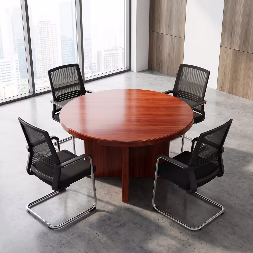 Premium 4-Seater Wooden Meeting Table featuring a thick round top panel in a rich cherry-mahogany woodgrain finish, supported by a heavy-duty centered cross-panel wooden pillar base, surrounded by four black mesh visitor chairs with chrome cantilever sled bases, resting on a smooth grey concrete studio floor next to a massive city-view window.