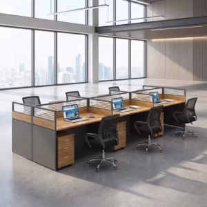 Premium 6-Way Modular Office Workstation With Drawers featuring a 6-person back-to-back island layout with light oak woodgrain desktops, integrated translucent slatted glass privacy partition screens, charcoal metal outer frames, and six matching 3-drawer lockable mobile pedestals, paired with ergonomic black mesh office task chairs on a polished concrete floor inside a modern sunlit corporate office.
